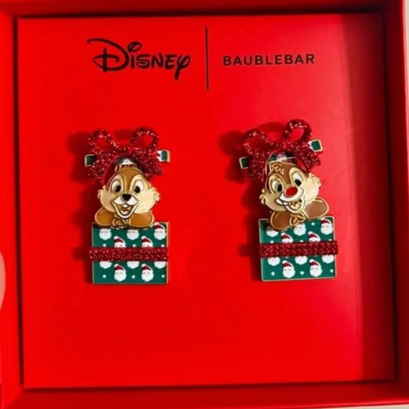 Disney BaubleBar Chip 'n" Dale Dangle Drop Christmas Earrings Red Bow Gift Box - Picture 1 of 2